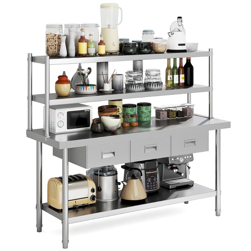 Stainless Steel Table with Overshelves & Drawers, 72" X 24" Work Table with 72" X 12" Shelf & 3 Drawers, Metal Table Prep Table