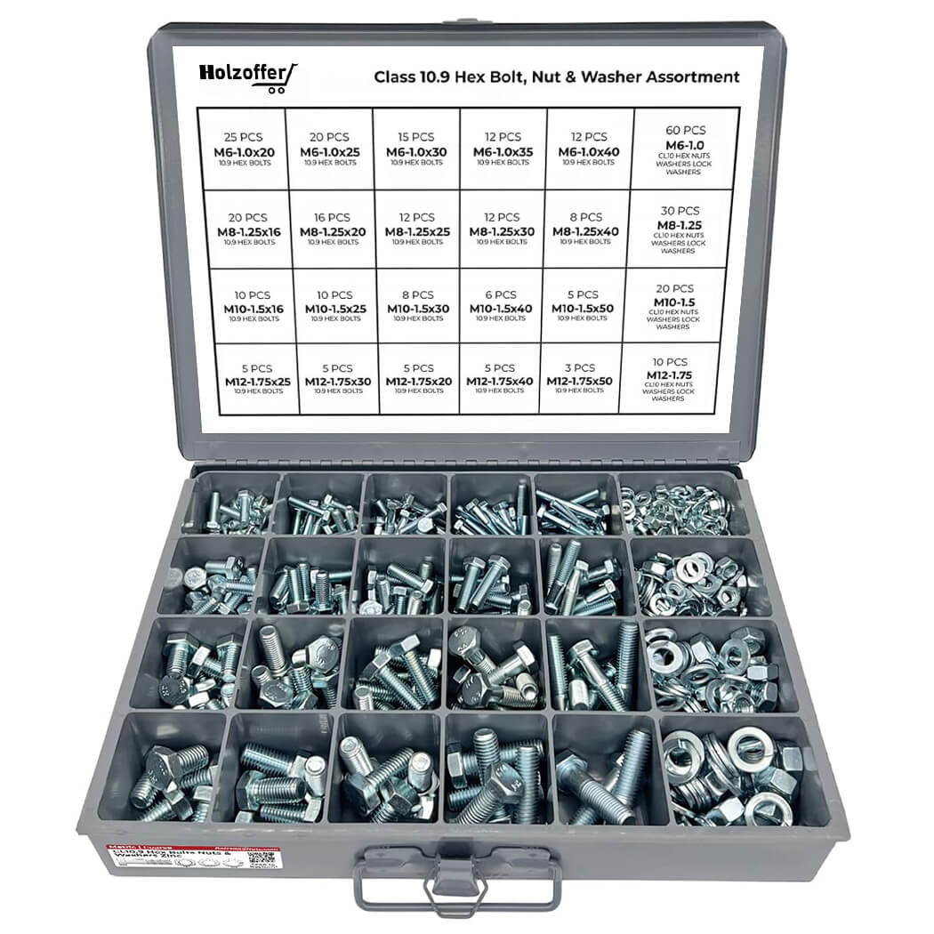 575-Piece Metric Class 10.9 Hex Bolts, Nuts & Washers Assortment with Heavy-Duty Metal Drawer Toolbox, Clear Zinc Finish