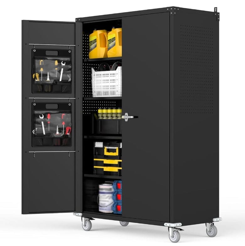 Extra-Large Garage Storage Cabinet w/ Pegboards & Locking Wheels, 43.3"W x 22"D x 72"H