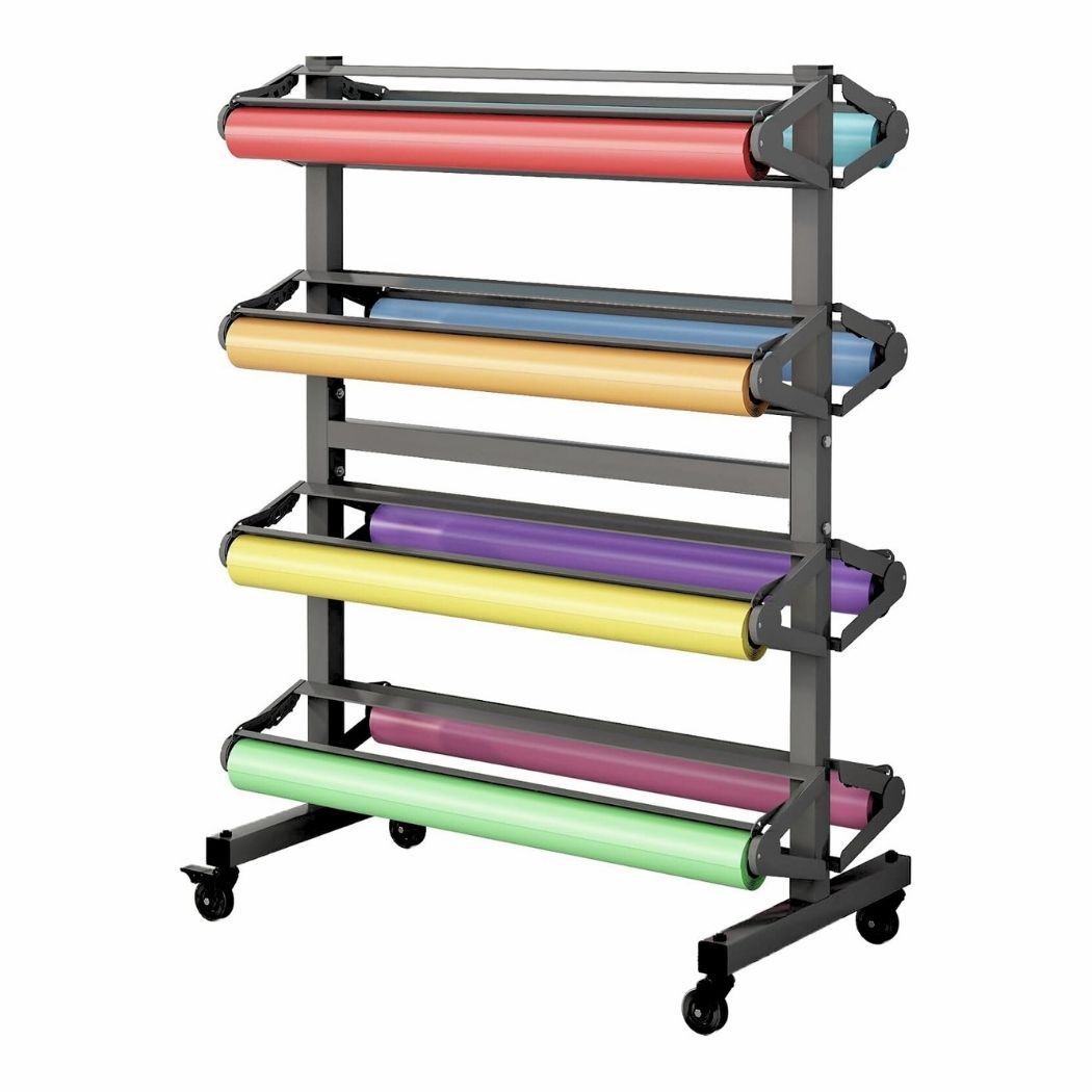 8 Rolls Horizontal Paper Rack with Cutter & Casters, For Use with 36"W Rolls, 8 Deck Paper Roll Dispenser