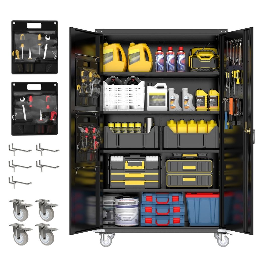 Extra-Large Garage Storage Cabinet w/ Pegboards & Locking Wheels, 43.3"W x 22"D x 72"H