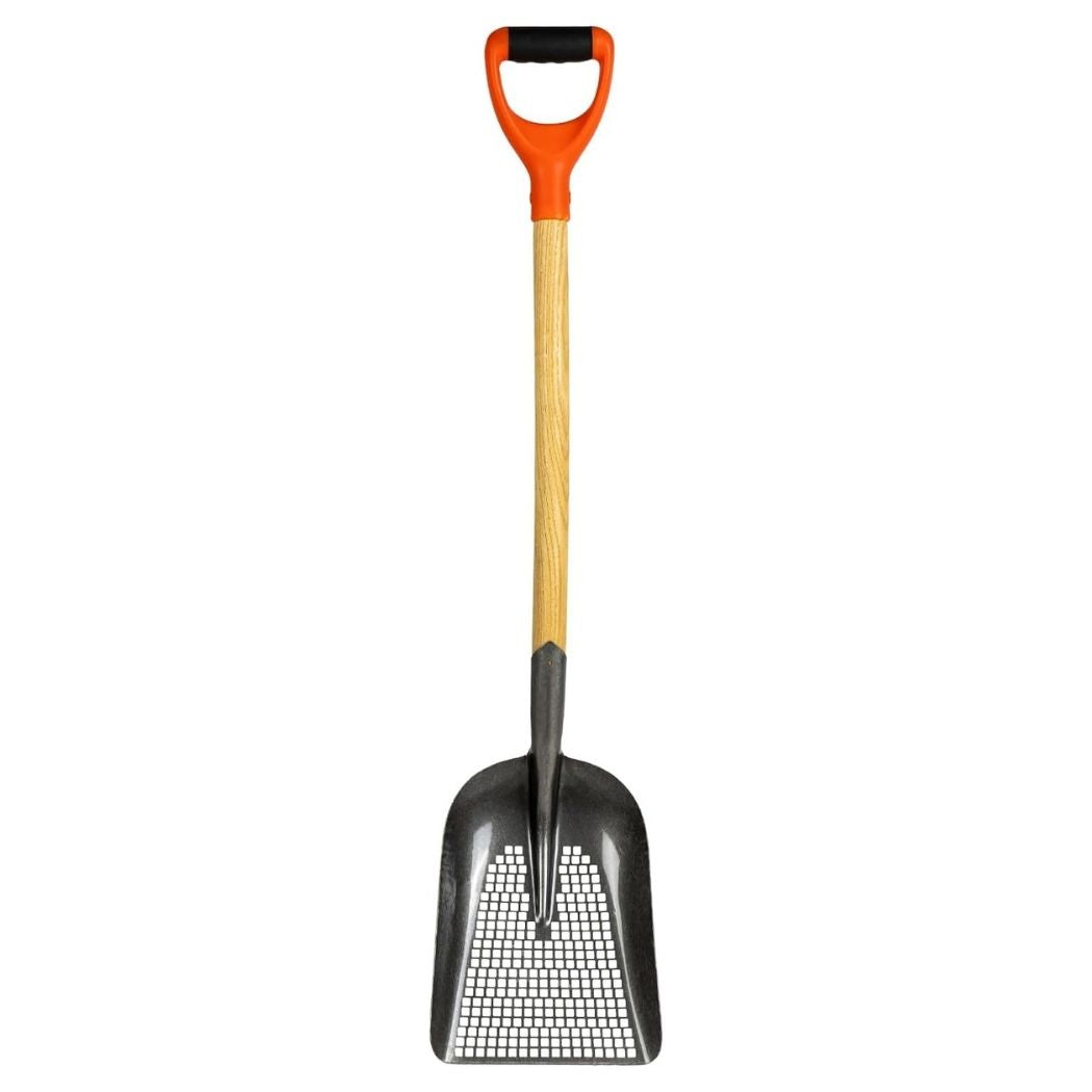 Sifting Shovel for Chicken Coop & Beach, Heavy-Duty Metal Sieve Scoop with Wooden Handle for Sand, Soil, and Poop Cleaning
