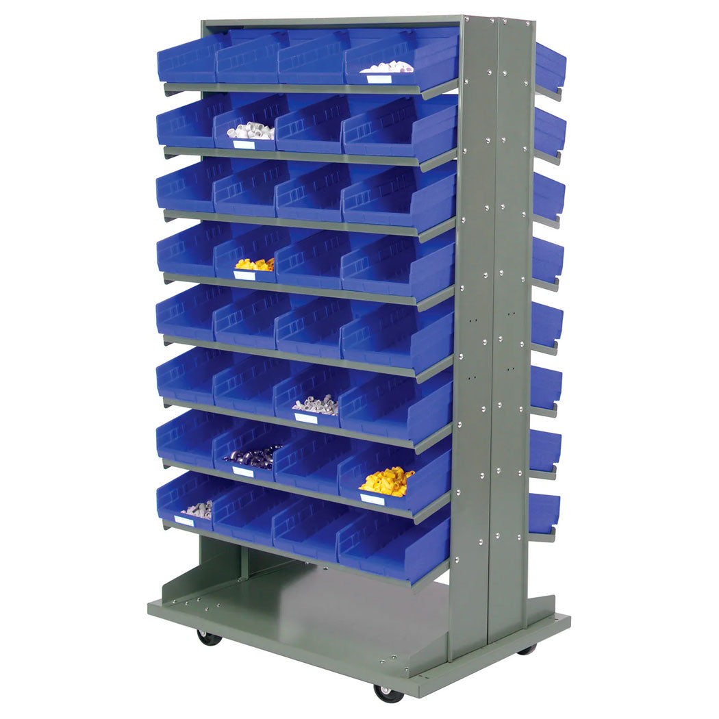 16 Shelf Double-Sided Mobile Pick Rack - 64 Blue Plastic Shelf Bin Storage Rack 8" Wide