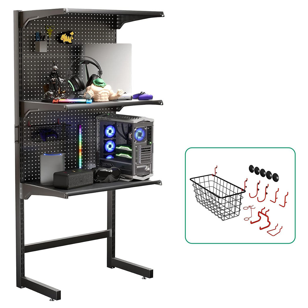 30" Free Gaming Peg Board Standing Shelf Units, with Home Office Metal Pegboard and 15 Pieces Organizer Tool Holders