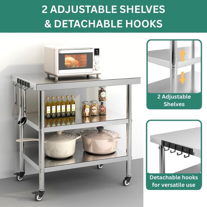 Stainless Steel Kitchen Cart w/ 2 Adjustable Shelves, 36"L x 24"W x 33.8"H