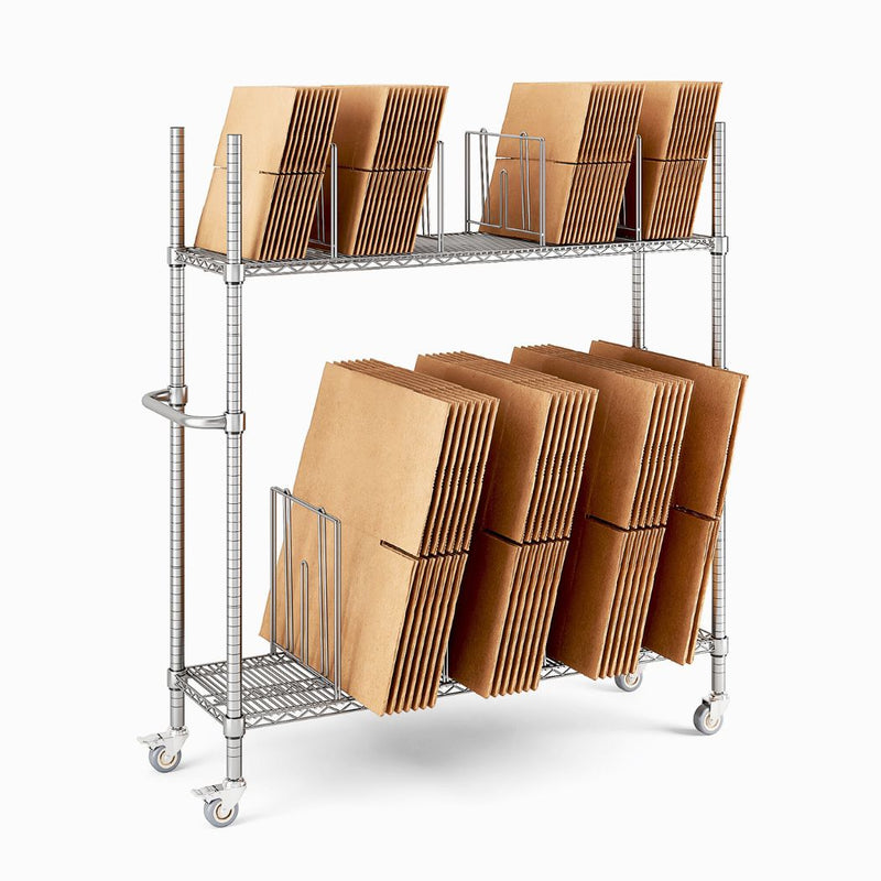 2-Shelf Steel Carton Stand w/ Casters & 8 Dividers, 60"L x 18"W x 69"H, Chrome
