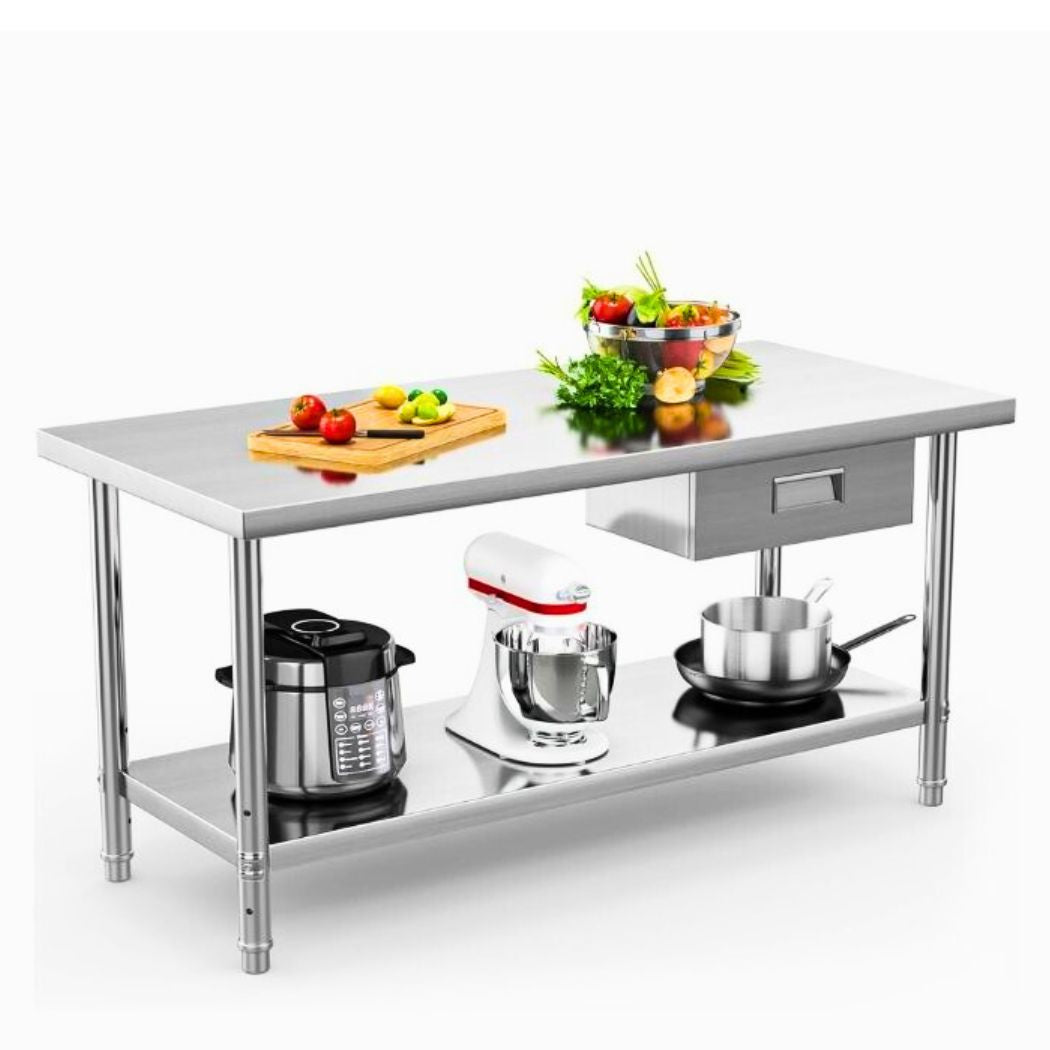 Stainless Steel Table with Drawer Storage, 60" x 24" Kitchen Island, Stainless Kitchen Prep Table