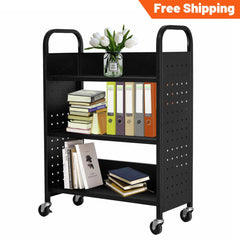 Holzoffer Rolling Book Cart, 300lbs 3 Tier 13"D x 30"W x 46"H Single Sided L-Shaped Flat Shelves with Swivel