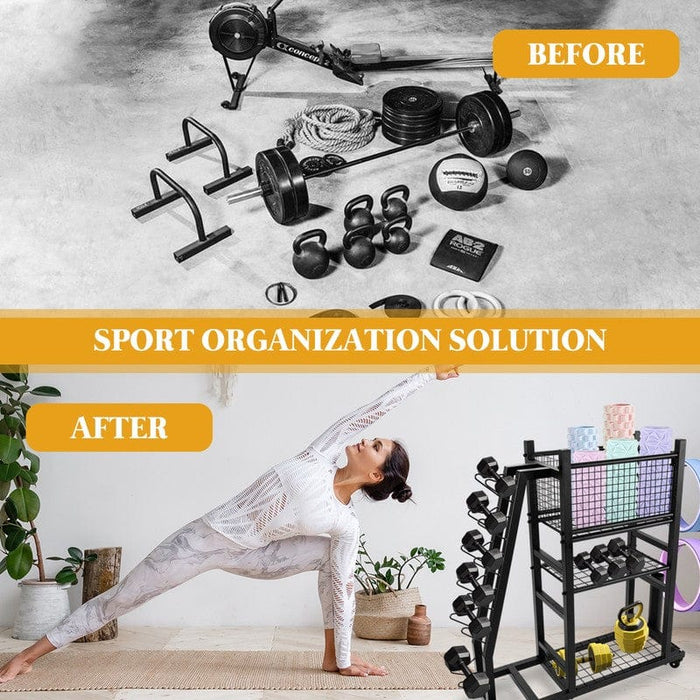 Weight Rack Home Gym Storage 420 lb Capacity w/ Wheels & Hanging Hooks