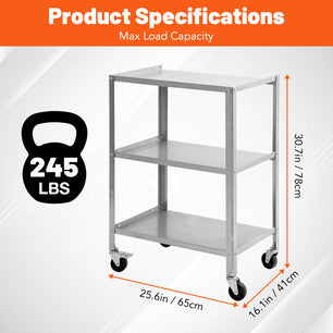 Holzoffer Stainless Steel Utility Cart 3 Tier, Commercial Heavy Duty Metal Mobile Food Rolling Cart with Handle and Wheels for Kitchen, Restaurant, Hospital, Laboratory and Home