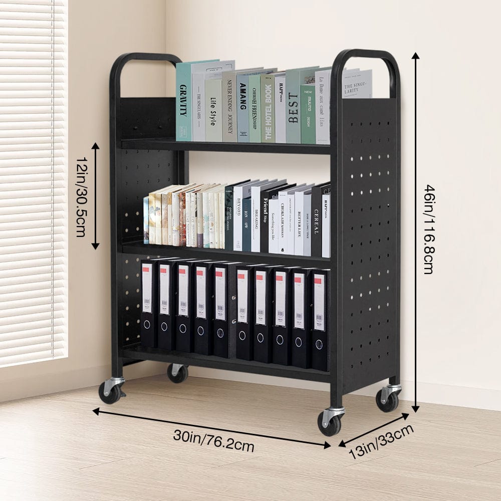 Holzoffer Rolling Book Cart, 300lbs 3 Tier 13"D x 30"W x 46"H Single Sided L-Shaped Flat Shelves with Swivel