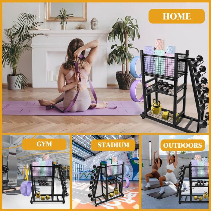 Weight Rack Home Gym Storage 420 lb Capacity w/ Wheels & Hanging Hooks