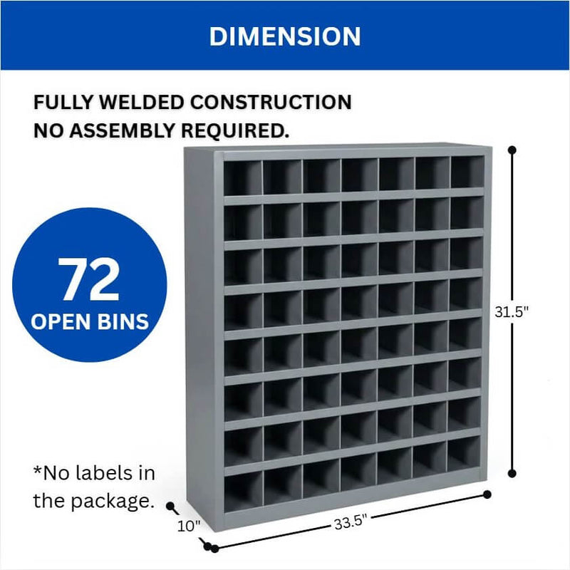 72 Open Bin Storage Unit, 33.5"W x 10"D x 31.5"H, Steel Parts Organizer for Nuts, Bolts, Screws & Small Components