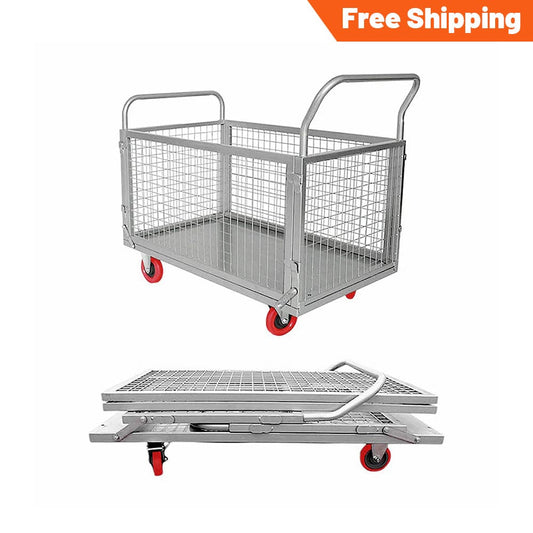 Holzoffer Platform Truck Cart with Cage, 4 in 1 Foldable Platform Truck, Flatbed Fence Cart Hand Trucks for Warehouse,Groceries,Garage