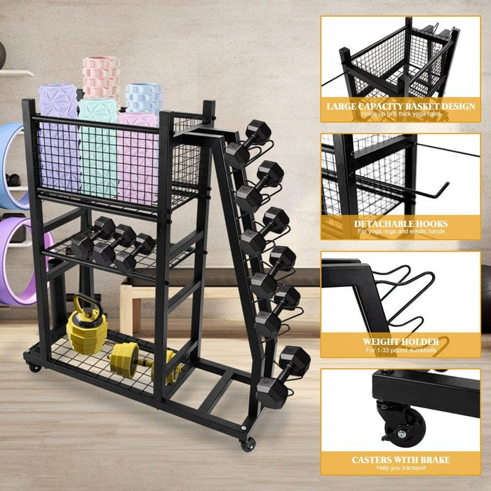 Weight Rack Home Gym Storage 420 lb Capacity w/ Wheels & Hanging Hooks