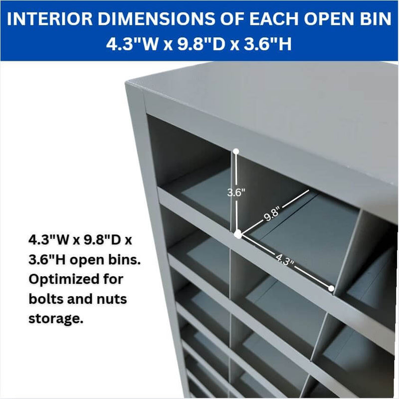 72 Open Bin Storage Unit, 33.5"W x 10"D x 31.5"H, Steel Parts Organizer for Nuts, Bolts, Screws & Small Components