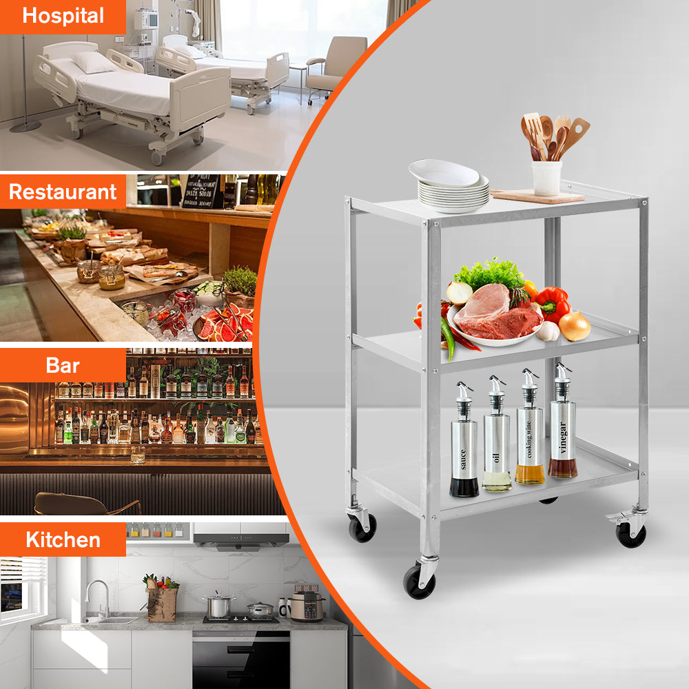 Holzoffer Stainless Steel Utility Cart 3 Tier, Commercial Heavy Duty Metal Mobile Food Rolling Cart with Handle and Wheels for Kitchen, Restaurant, Hospital, Laboratory and Home