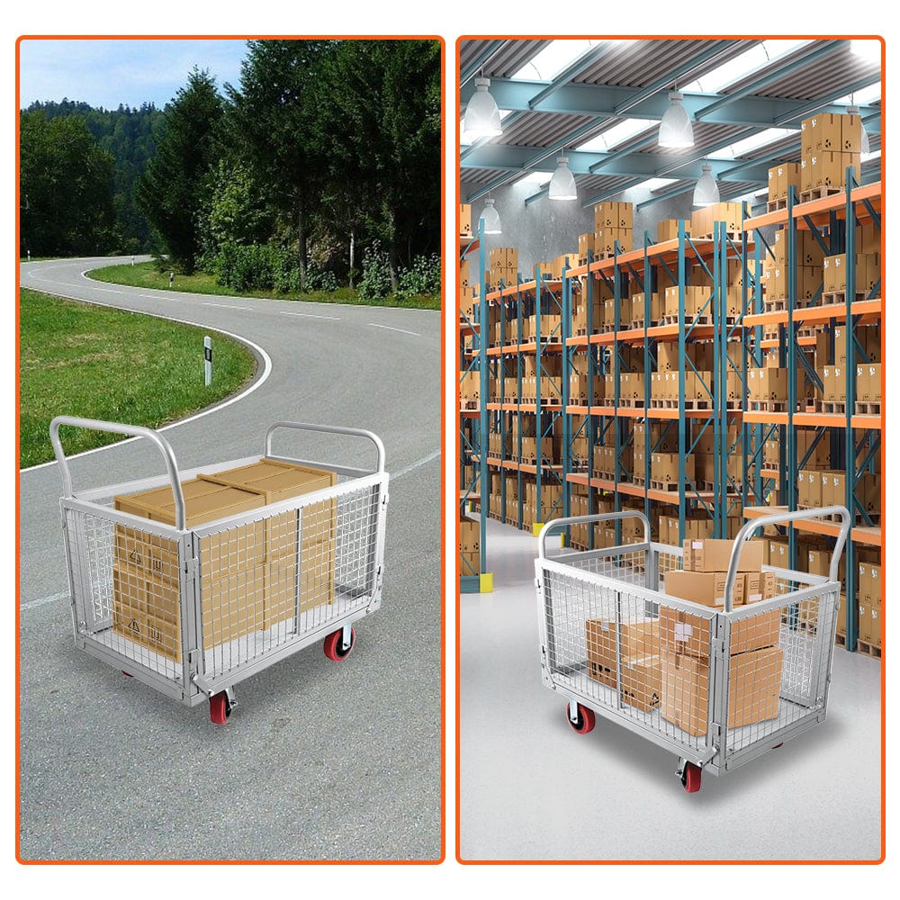 Holzoffer Platform Truck Cart with Cage, 4 in 1 Foldable Platform Truck, Flatbed Fence Cart Hand Trucks for Warehouse,Groceries,Garage