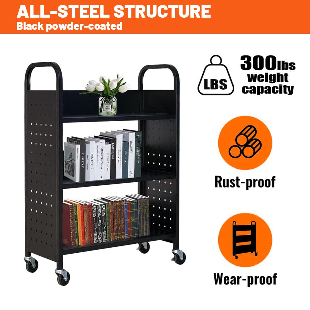 Holzoffer Rolling Book Cart, 300lbs 3 Tier 13"D x 30"W x 46"H Single Sided L-Shaped Flat Shelves with Swivel