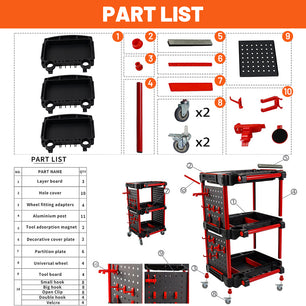 Holzoffer Auto Detailing Tool Cart, 3-Tier Rolling Utility Cart with Tool Hanging Board & Hook, Car Detailing Organizer for Mechanics & Detailers During Repairs Car Wash/Wax