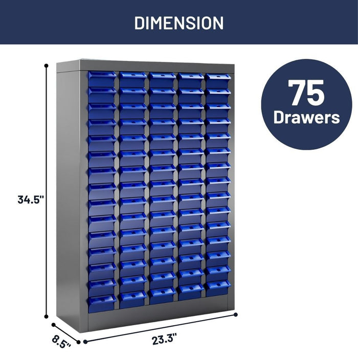 75 Bin Drawer Storage Cabinet, 23.3"W x 8.5"D x 34.5"H, Steel Parts Organizer for Nuts, Bolts, Screws & Small Components