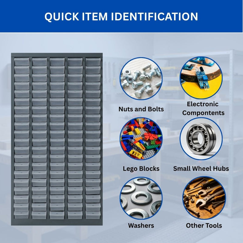 100 Bin Drawer Storage Cabinet, Clear Bins, 23.3"W x 8.5"D x 45"H, Visible Organizer for Nuts, Bolts, Screws & Small Components