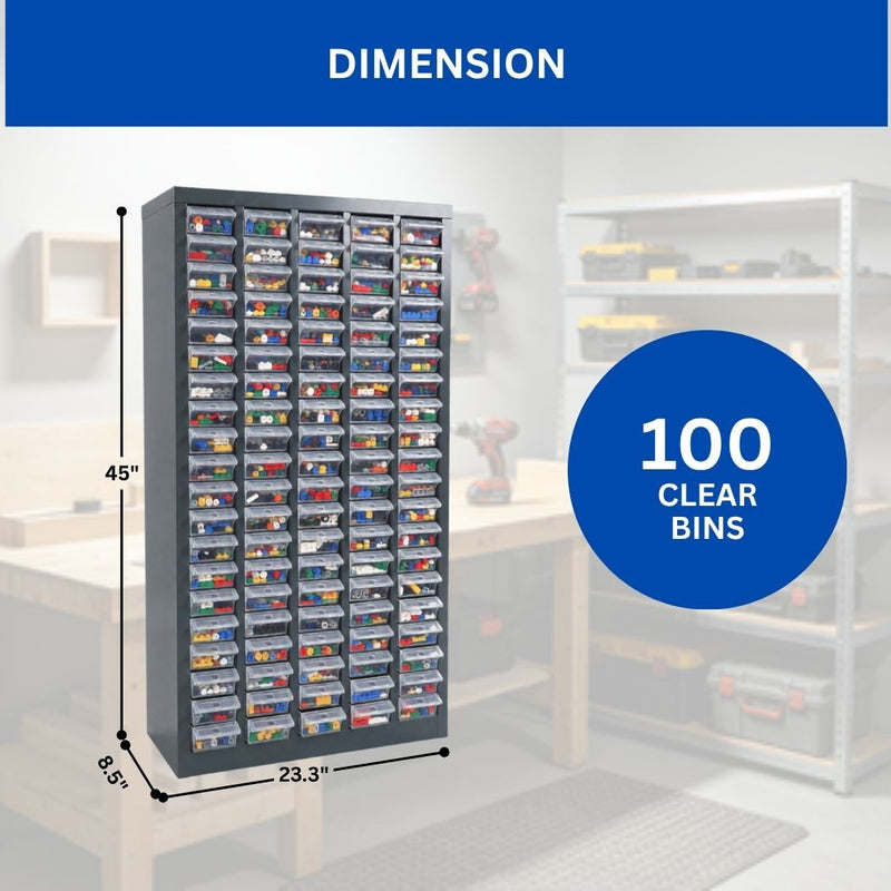 100 Bin Drawer Storage Cabinet, Clear Bins, 23.3"W x 8.5"D x 45"H, Visible Organizer for Nuts, Bolts, Screws & Small Components