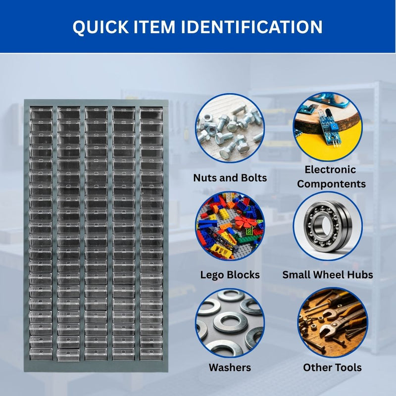 100 Bin Drawer Storage Cabinet, Clear Bins, 23.3"W x 8.5"D x 45"H, Visible Organizer for Nuts, Bolts, Screws & Small Components