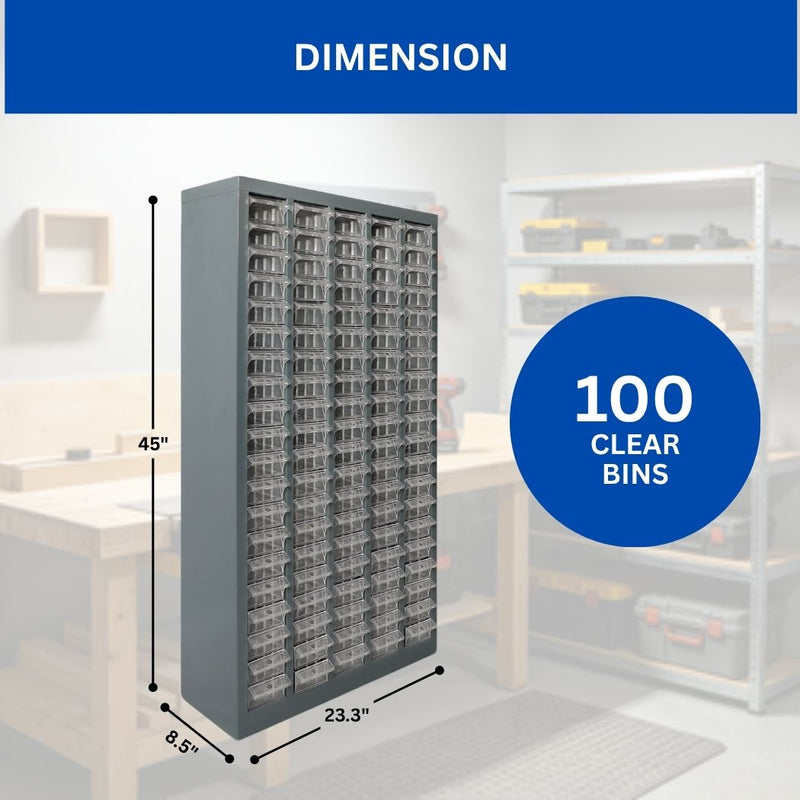 100 Bin Drawer Storage Cabinet, Clear Bins, 23.3"W x 8.5"D x 45"H, Visible Organizer for Nuts, Bolts, Screws & Small Components