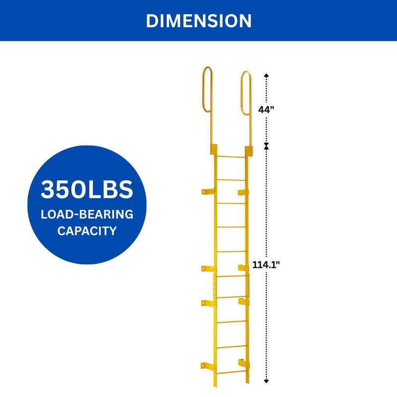 10 Step Steel Roof Access Ladder 9'H, Wall Mount, Yellow