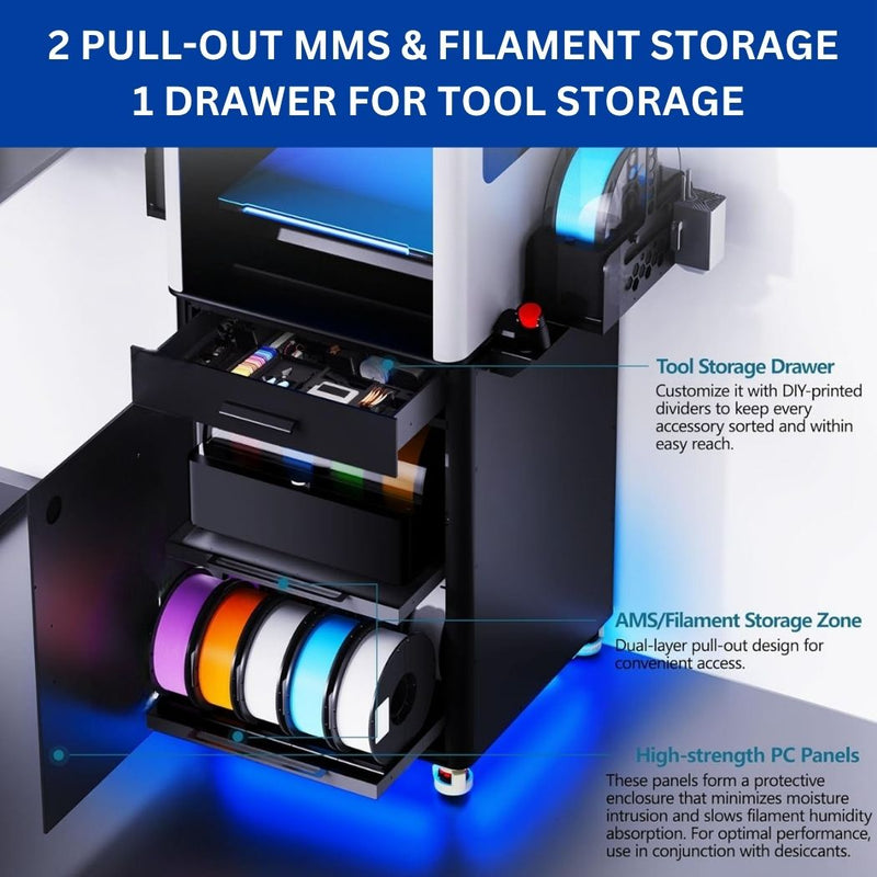 Heavy Duty Mobile 3D Printer Cabinet with Pull-Out AMS/MMU Storage, Steel 3D Printer Stand, 23.6"L x 21.6"W x 30"H