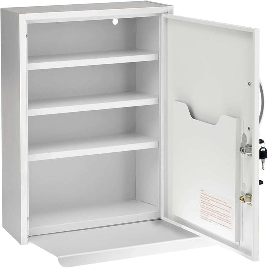 Holzoffer White Locking Medication Cabinet with Document Pocket, Metal Wall Mounted Medication Cabinet with Dual Lock and Dual Keys, 20" H x 15" W x 5" D