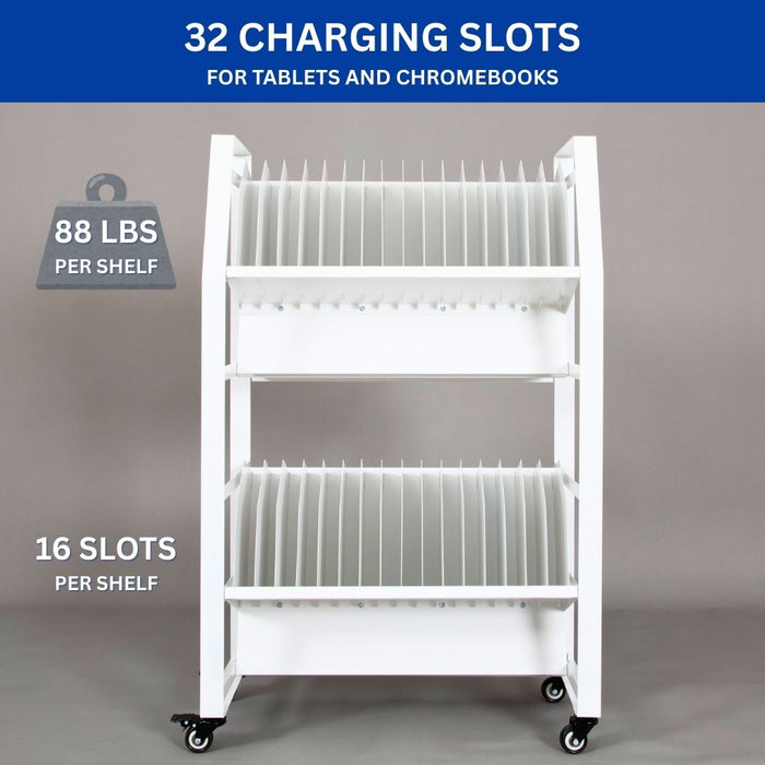 32-Device Open Charging Cart w/ Power Strips, 2 Shelves for Tablet Charging
