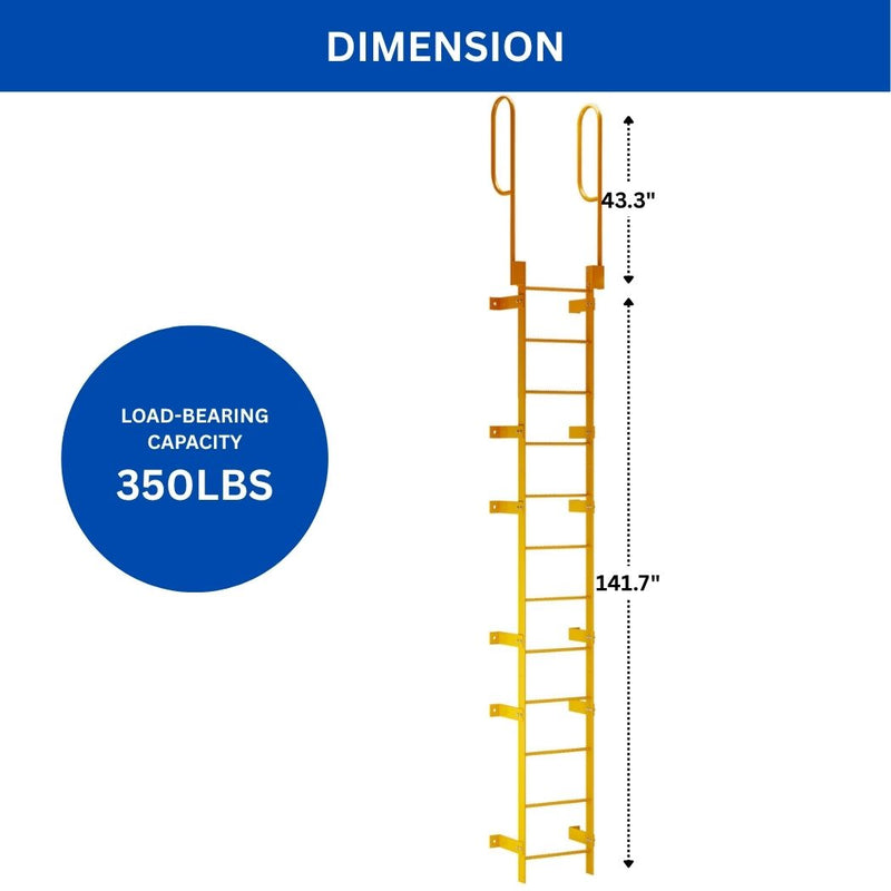 12 Step Steel Roof Access Ladder 11'H, Wall Mount, Yellow
