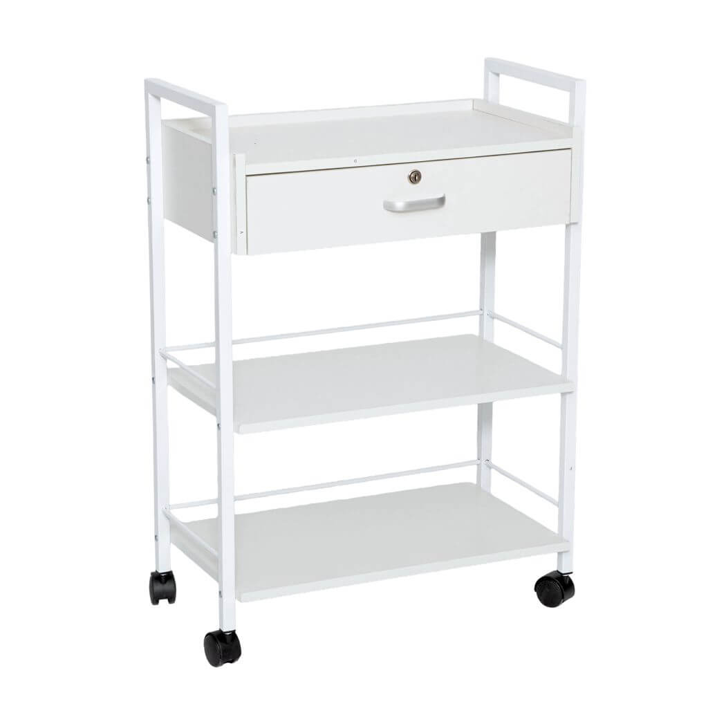 3 Tier Salon Cart, White Single Drawer Utility Trolley 24"W x 13.6"D x 33.7"H