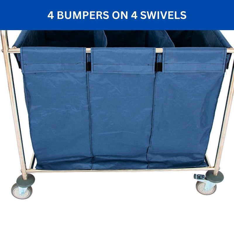 Rolling Laundry Sorter w/ Bumper, 3-Section Canvas Bag, 7 Bushel (51 Gal) 36"L x 22"W x 36"H