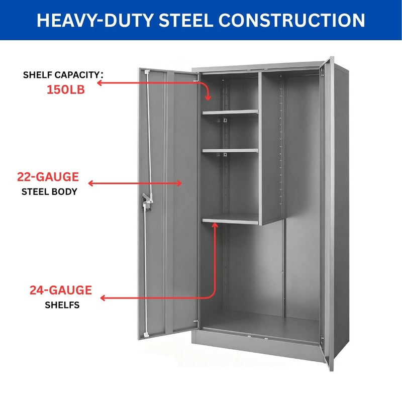 Janitorial Cabinet, 36"W x 18"D x 72"H, Heavy-Duty Steel Supply Storage Cabinet for Mops and Brooms