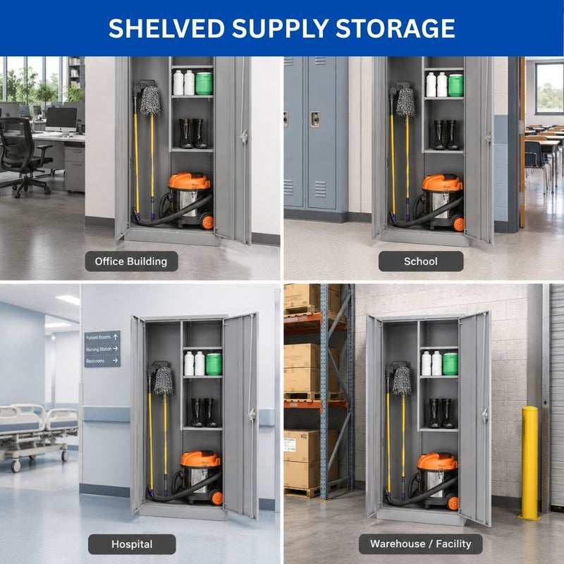 Janitorial Cabinet, 36"W x 18"D x 72"H, Heavy-Duty Steel Supply Storage Cabinet for Mops and Brooms