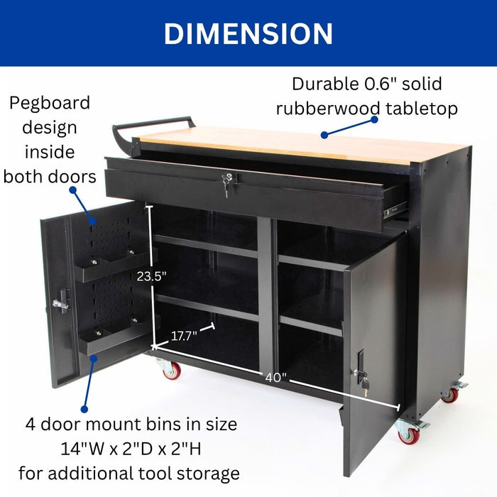 Mobile Workbench w/ Rubberwood Tabletop and 1 Drawer 46"W x 19"D x 37"H Tool Cabinet