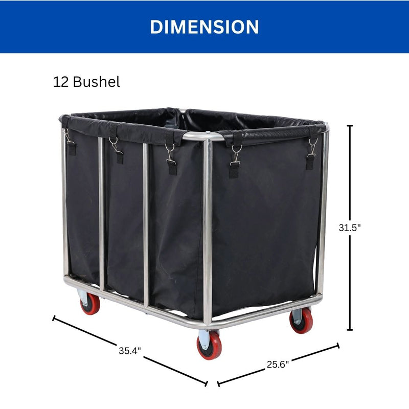 Commercial Laundry Cart, 12 Bushel Basket Truck, 35.4"L x 25.6"W x 31.5"H, Vinyl Bag