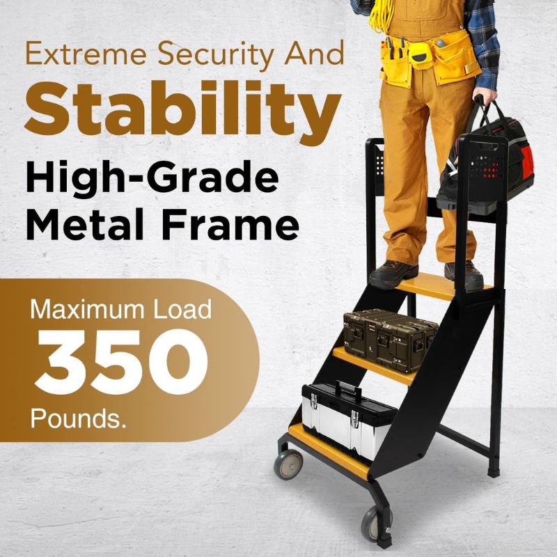 3 Step Rolling Ladder, 350 lbs Weight Capacity, 29.5" Top Step Height