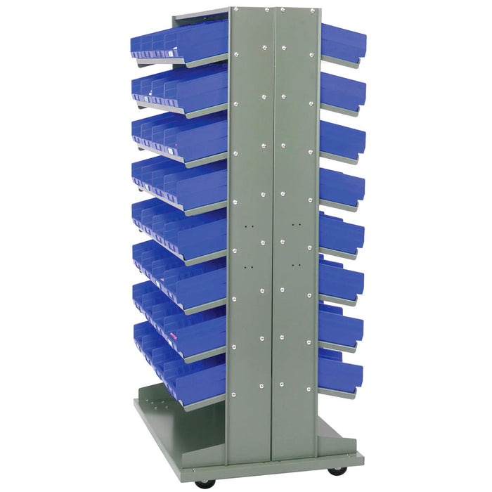 16 Shelf Double-Sided Mobile Pick Rack - 64 Blue Plastic Shelf Bin Storage Rack 8" Wide