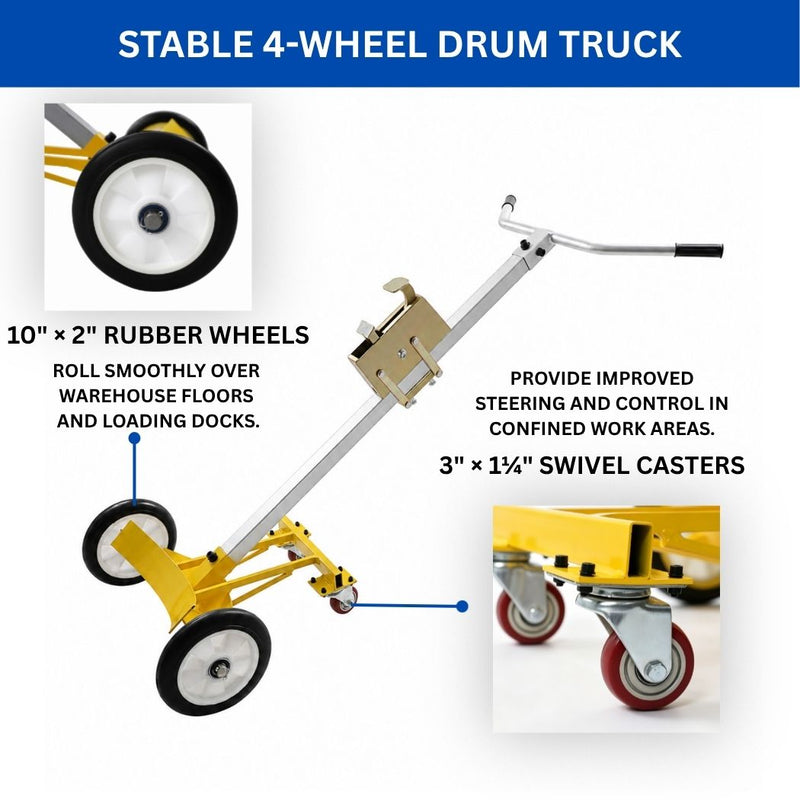 Drum Truck for 55 Gallon Drums, 1000 lb Load Capacity, 4 Wheels