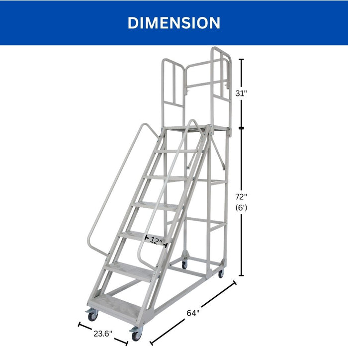 7 Step Rolling Ladder w/ Handrails, 350 lbs Weight Capacity, 72" Top Step Height
