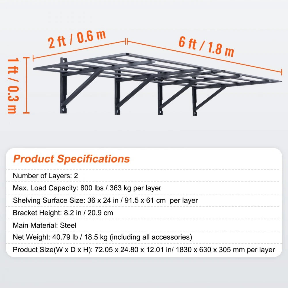 Holzoffer Garage Storage Shelving, 2 Pack, 6 x 2 ft Heavy Duty Garage Shelves Wall Mounted, 1600 lbs Load Capacity(Total) Garage Storage Rack Floating Shelves, Suitable for Shop, Shed, Garage Storage