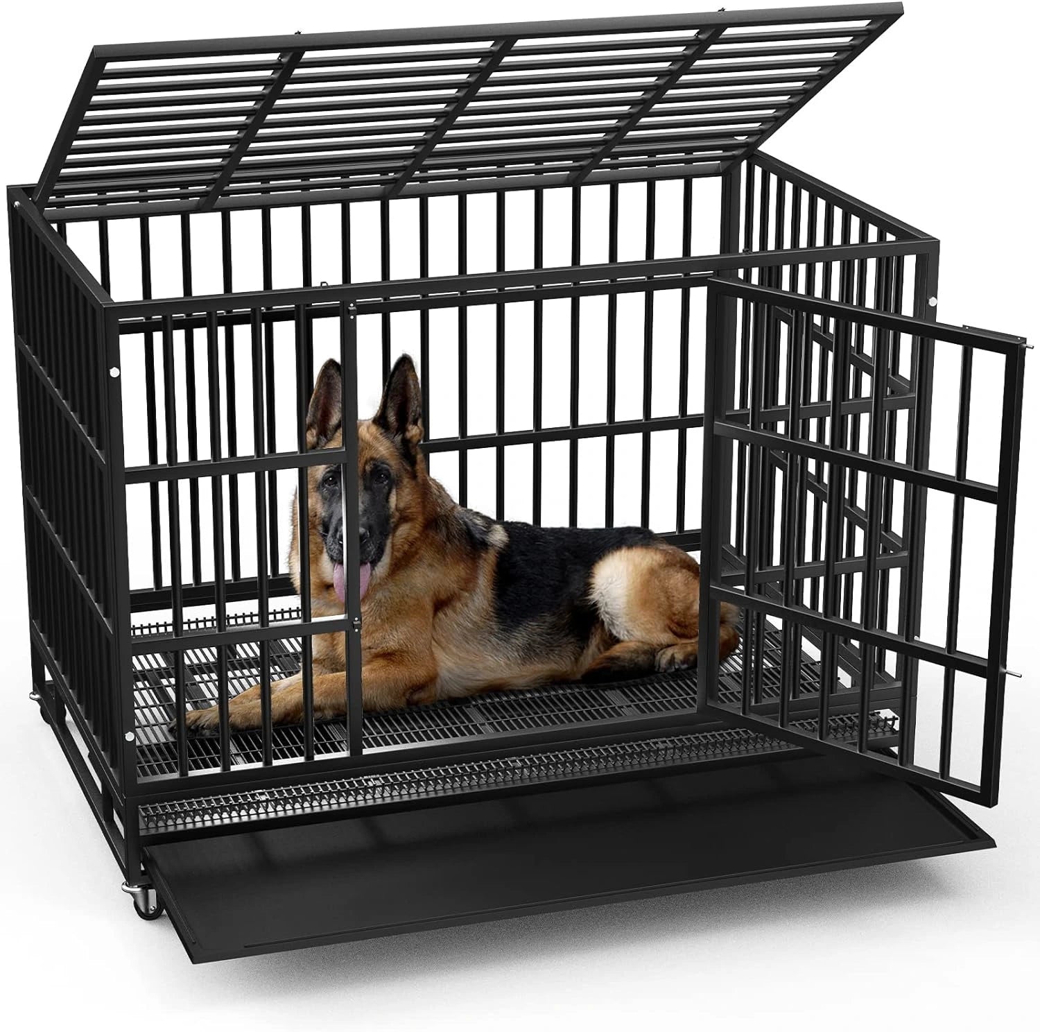 Holzoffer 48/38 inch Heavy Duty Indestructible Dog Crate, Escape Proof Dog Cage Kennel with Lockable Wheels,High Anxiety Double Door,Extra Large Crate Indoor for Large Dog with Removable Tray