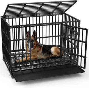 Holzoffer 48/38 inch Heavy Duty Indestructible Dog Crate, Escape Proof Dog Cage Kennel with Lockable Wheels,High Anxiety Double Door,Extra Large Crate Indoor for Large Dog with Removable Tray