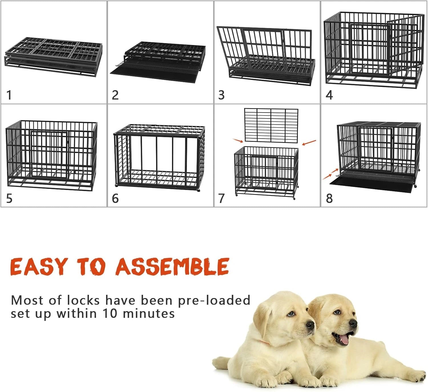 Holzoffer 48/38 inch Heavy Duty Indestructible Dog Crate, Escape Proof Dog Cage Kennel with Lockable Wheels,High Anxiety Double Door,Extra Large Crate Indoor for Large Dog with Removable Tray