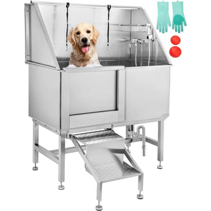 Holzoffer 50 Inch Dog Grooming Tub, Professional Stainless Steel Pet Dog Bath Tub, with Steps Faucet & Accessories Dog Washing Station Left Door