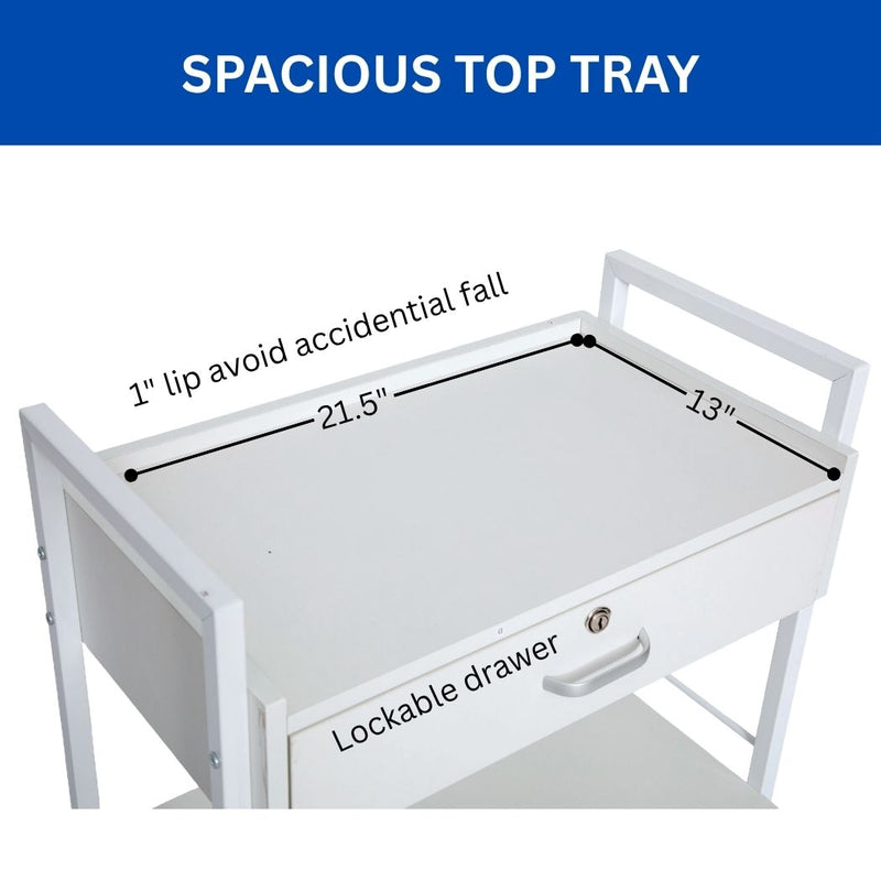 3 Tier Salon Cart, White Single Drawer Utility Trolley 24"W x 13.6"D x 33.7"H